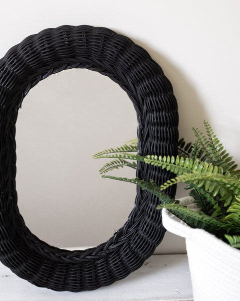 Thrifted Small Black Oval Wicker Mirror